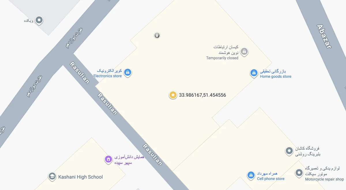 نقشه موقعیت آموزشگاه کامپیوتر فناوران در خیابان اباذر کاشان